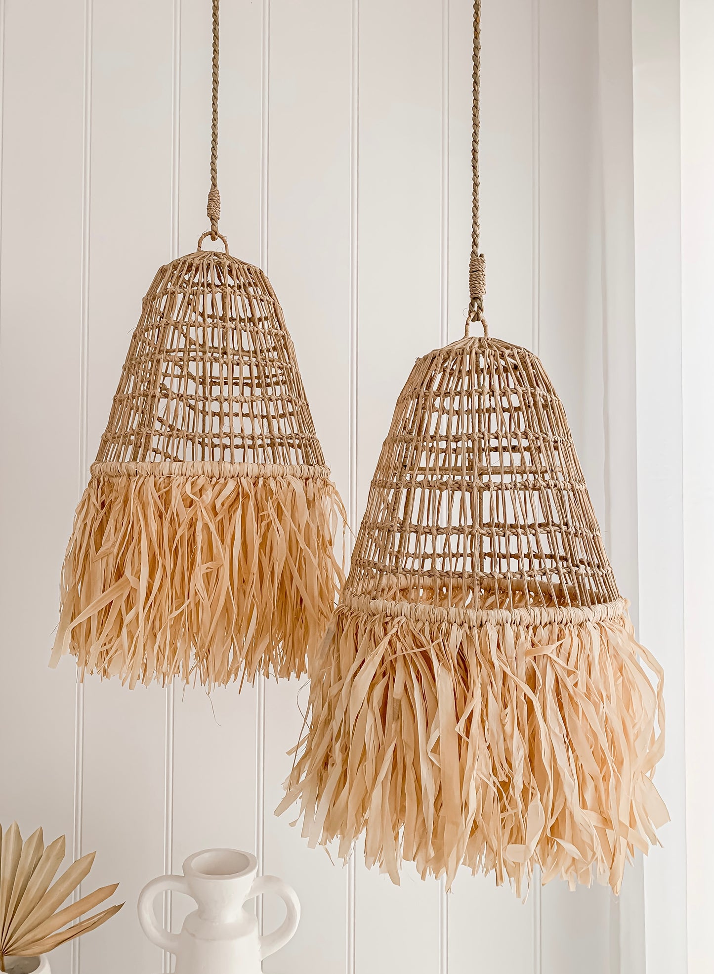 Two Ellie | Seagrass Pendant hanging lamps with fringes in a modern design by Barre Living.